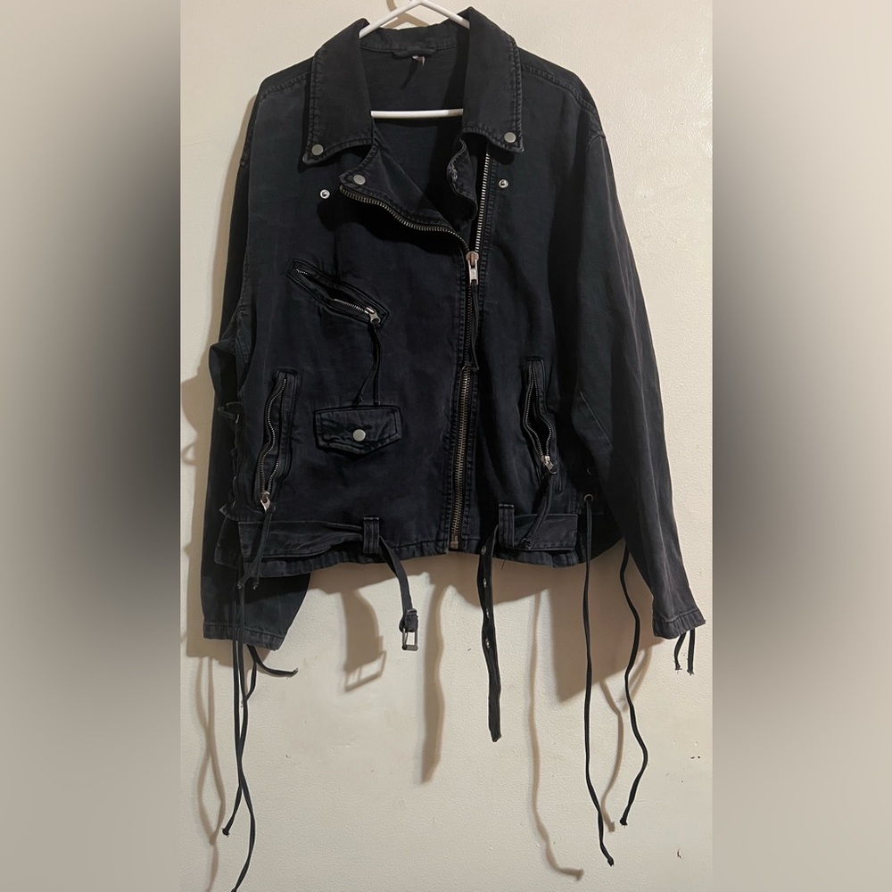 Free People Black Drawstring Utility Moto Jacket